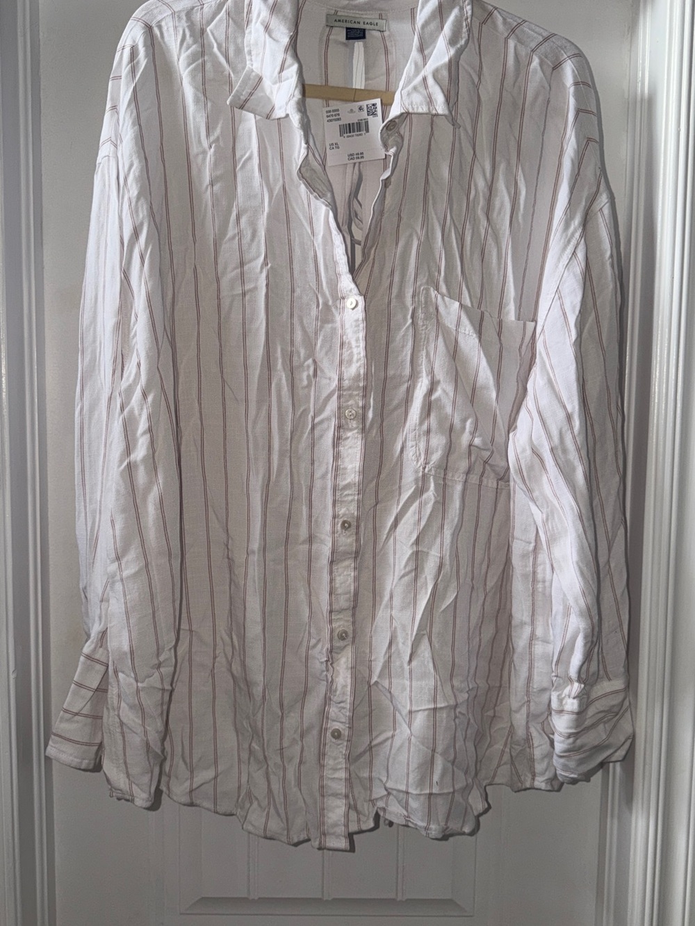 American Eagle White Button-Up Shirt with Thin Brown Stripes